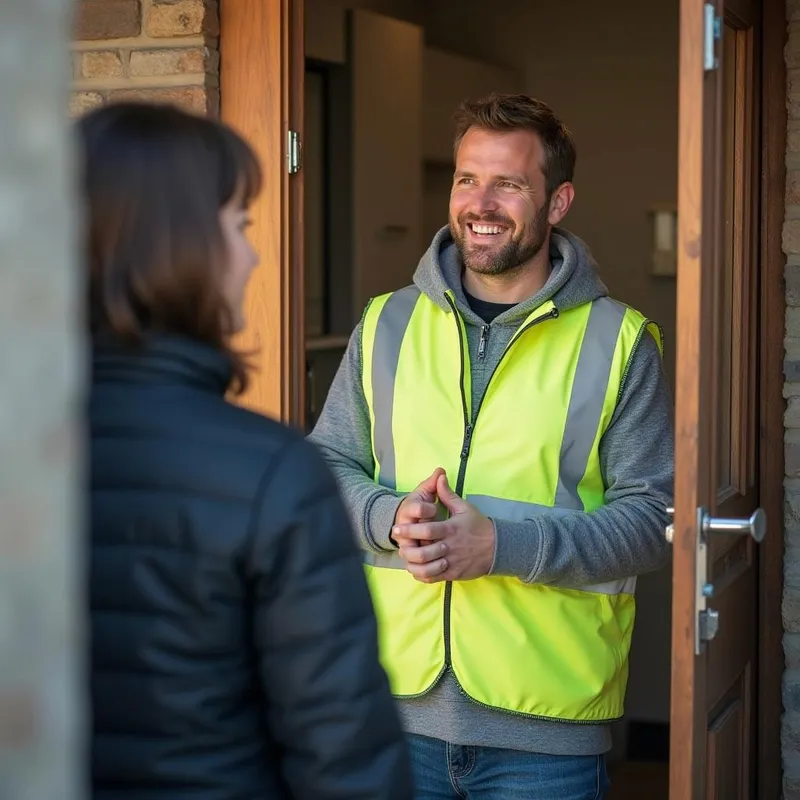Mastic man greeting customer